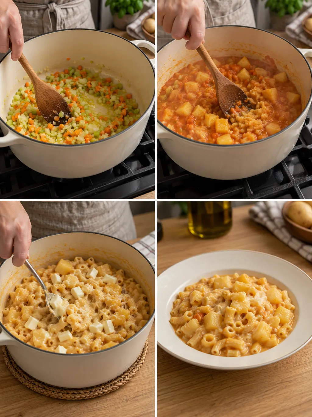 Soffritto, cottura delle patate, mantecatura con provola e pasta e patate pronta