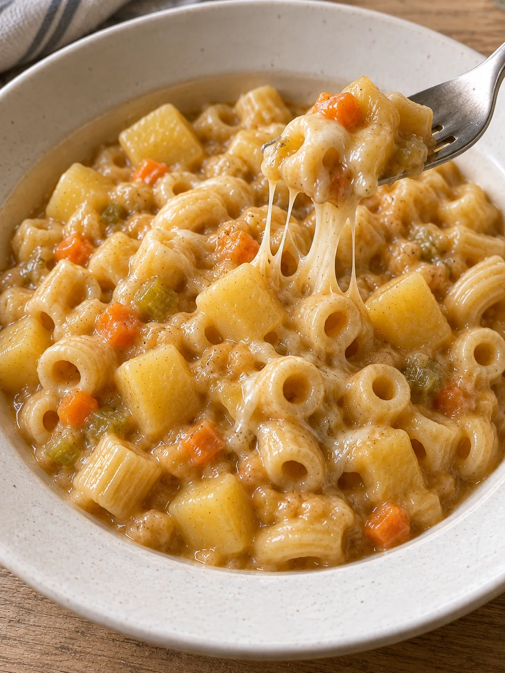 Pasta e patate cremosa con un boccone sollevato e fili di provola affumicata