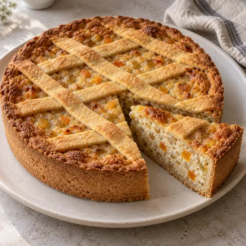 Pastiera napoletana con strisce dorate e fetta di ricotta, grano e canditi