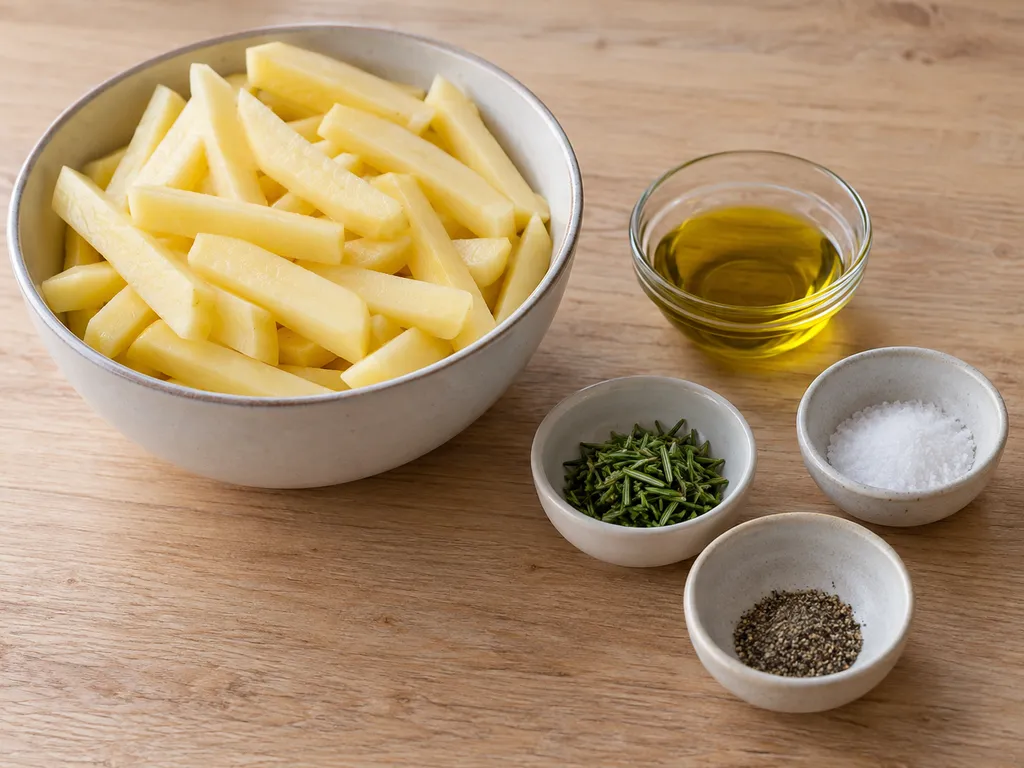 Patate crude a bastoncino con olio, rosmarino, sale e pepe in ciotole separate
