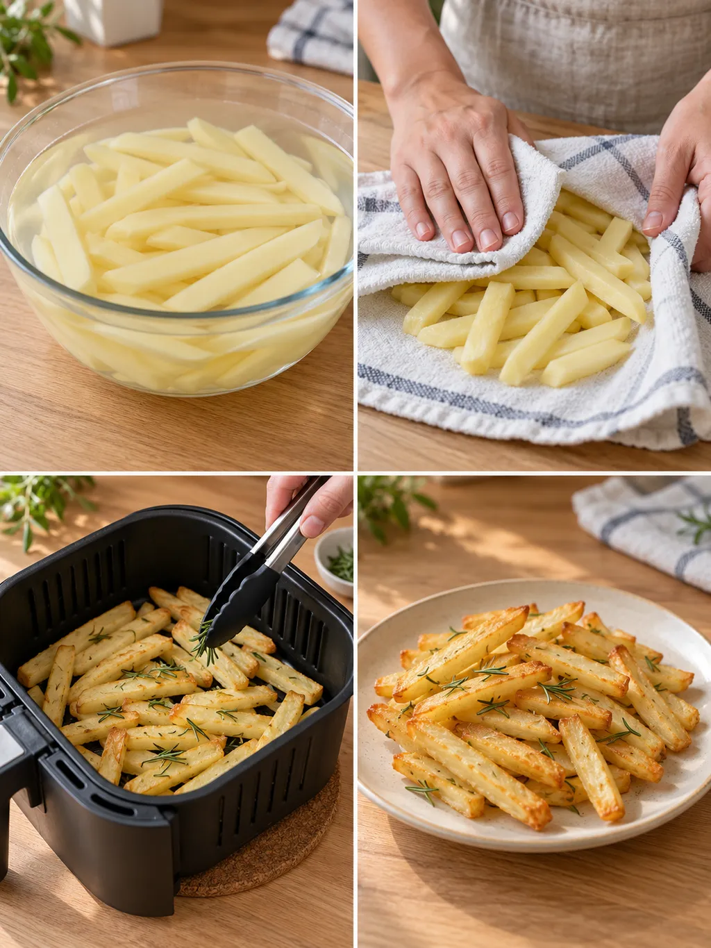 Ammollo, asciugatura e cottura delle patate al rosmarino, con il piatto finito