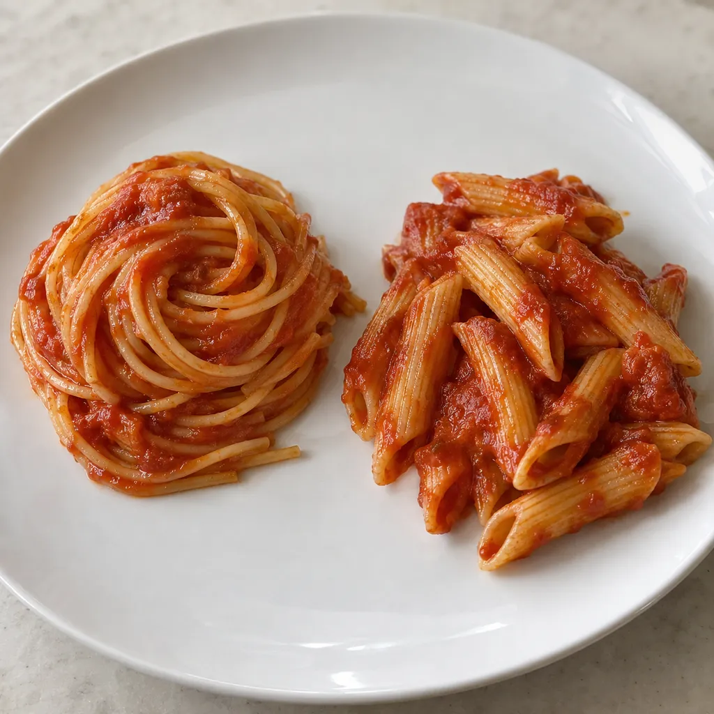 Spaghetti e penne rigate con lo stesso sugo di pomodoro su un piatto bianco.