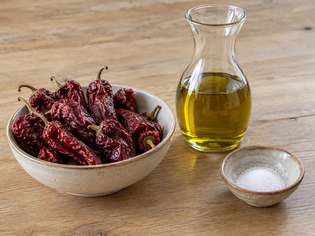Peperoni dolci essiccati, olio extravergine e sale per preparare i cruschi