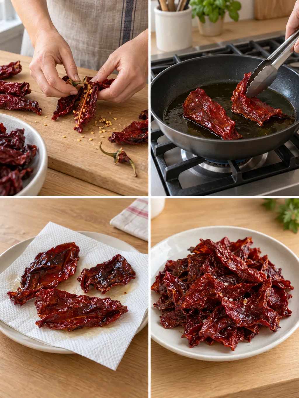 Pulizia, frittura, raffreddamento e servizio dei peperoni cruschi lucani