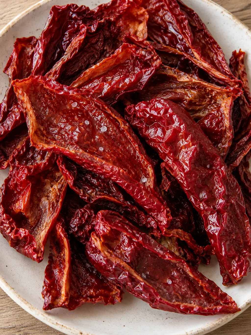 Peperoni cruschi lucani a pezzi con bordi friabili e un pizzico di sale