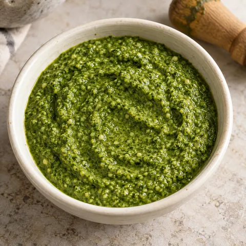 Pesto alla genovese cremoso e leggermente granuloso in una ciotola color avorio