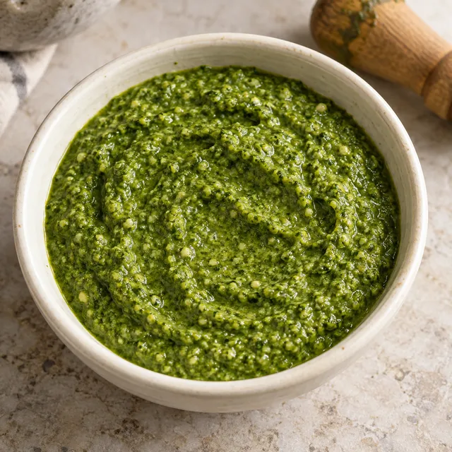 Pesto alla genovese cremoso e leggermente granuloso in una ciotola color avorio