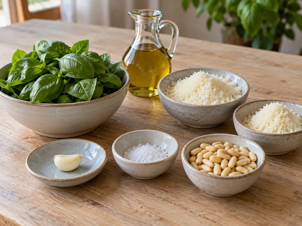 Basilico, aglio, sale, pinoli, due formaggi grattugiati e olio per il pesto genovese
