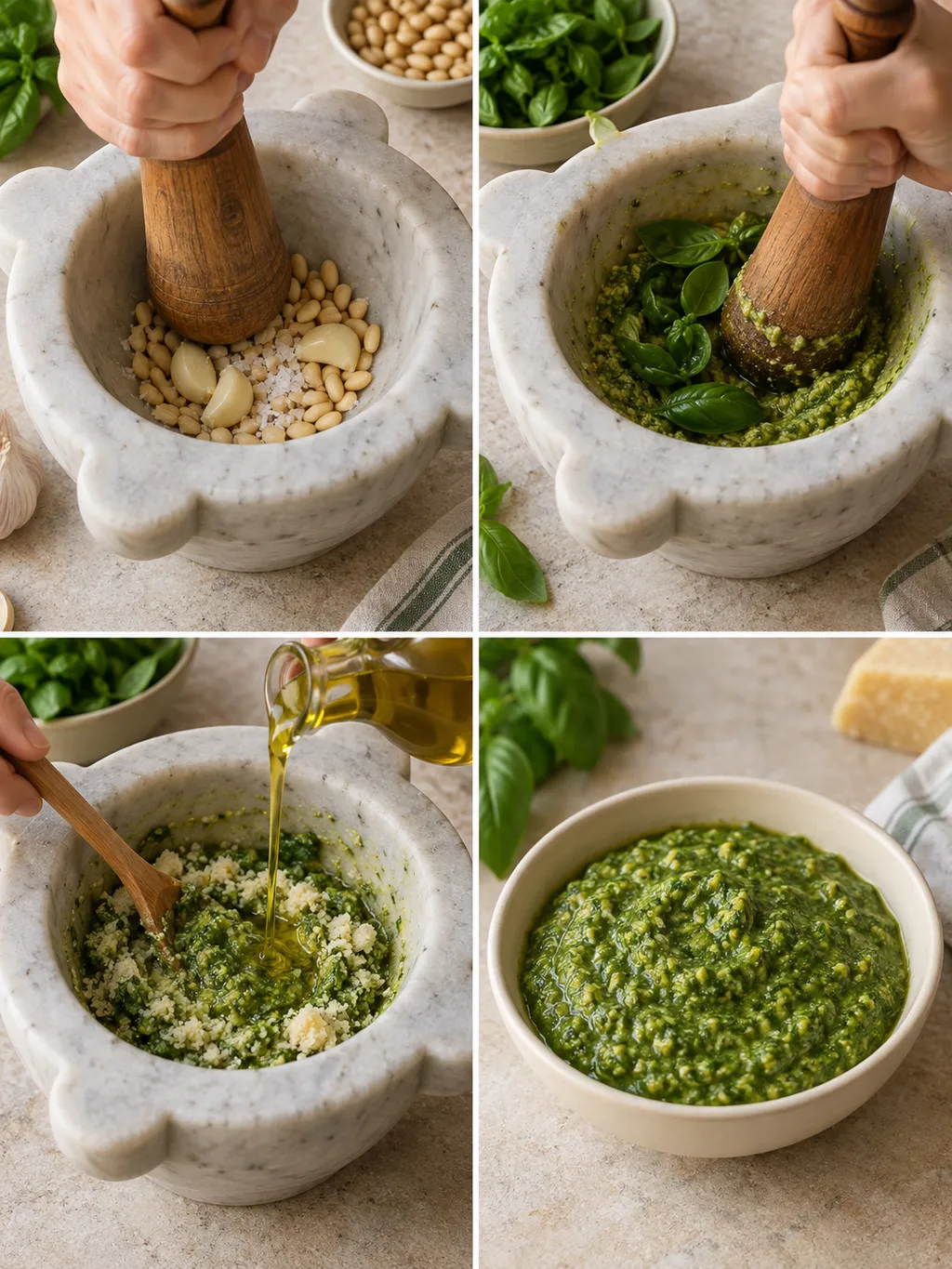 Preparazione del pesto nel mortaio, dai pinoli e dal basilico alla salsa pronta