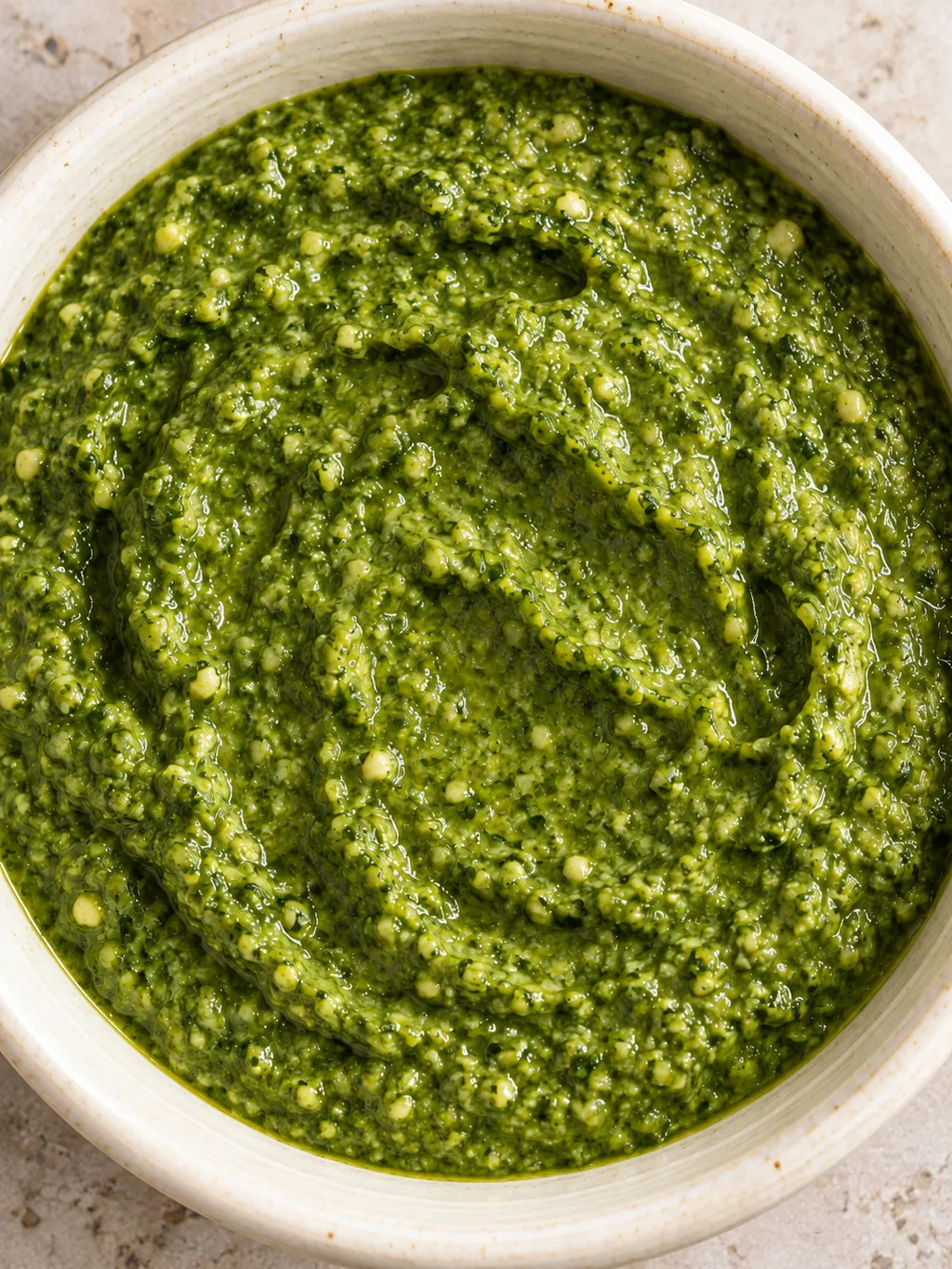 Pesto alla genovese con piccoli frammenti di basilico e una leggera lucentezza d'olio