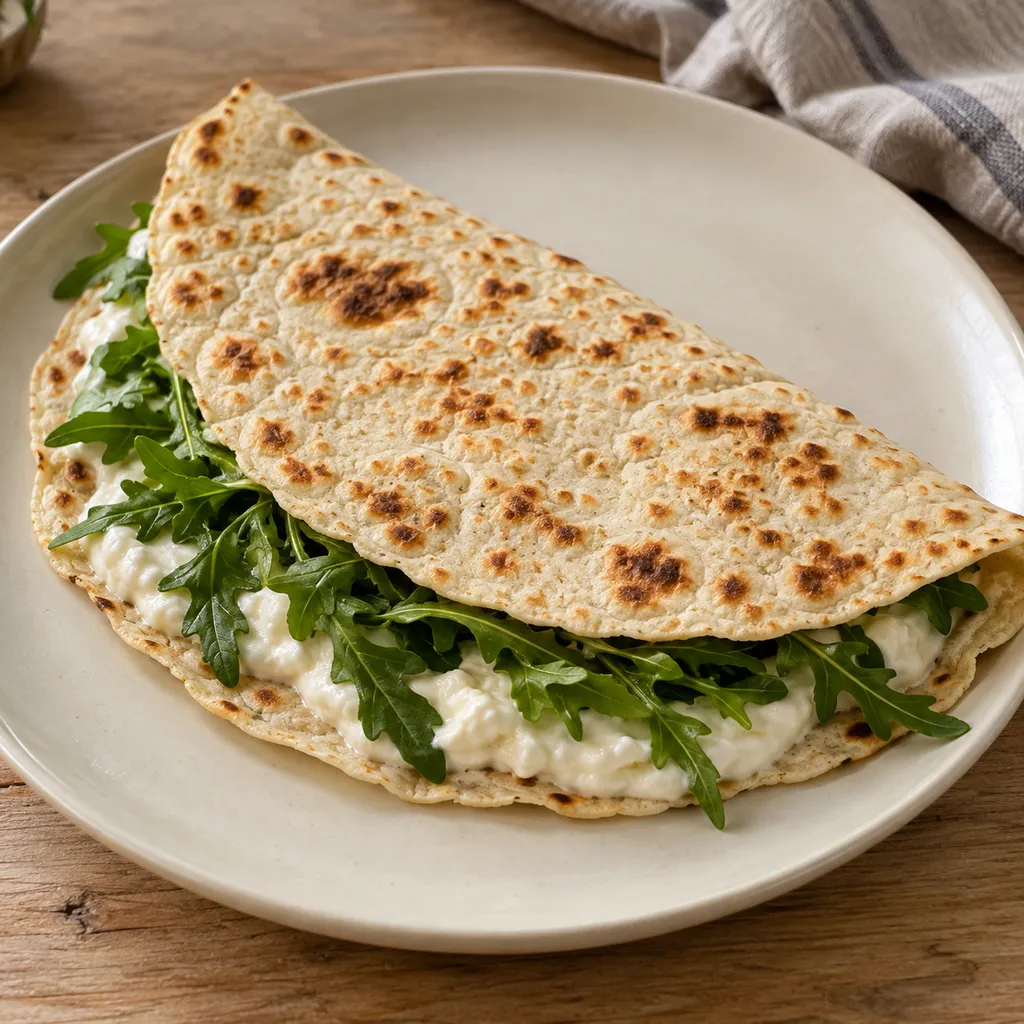Piadina romagnola sottile farcita con squacquerone e rucola