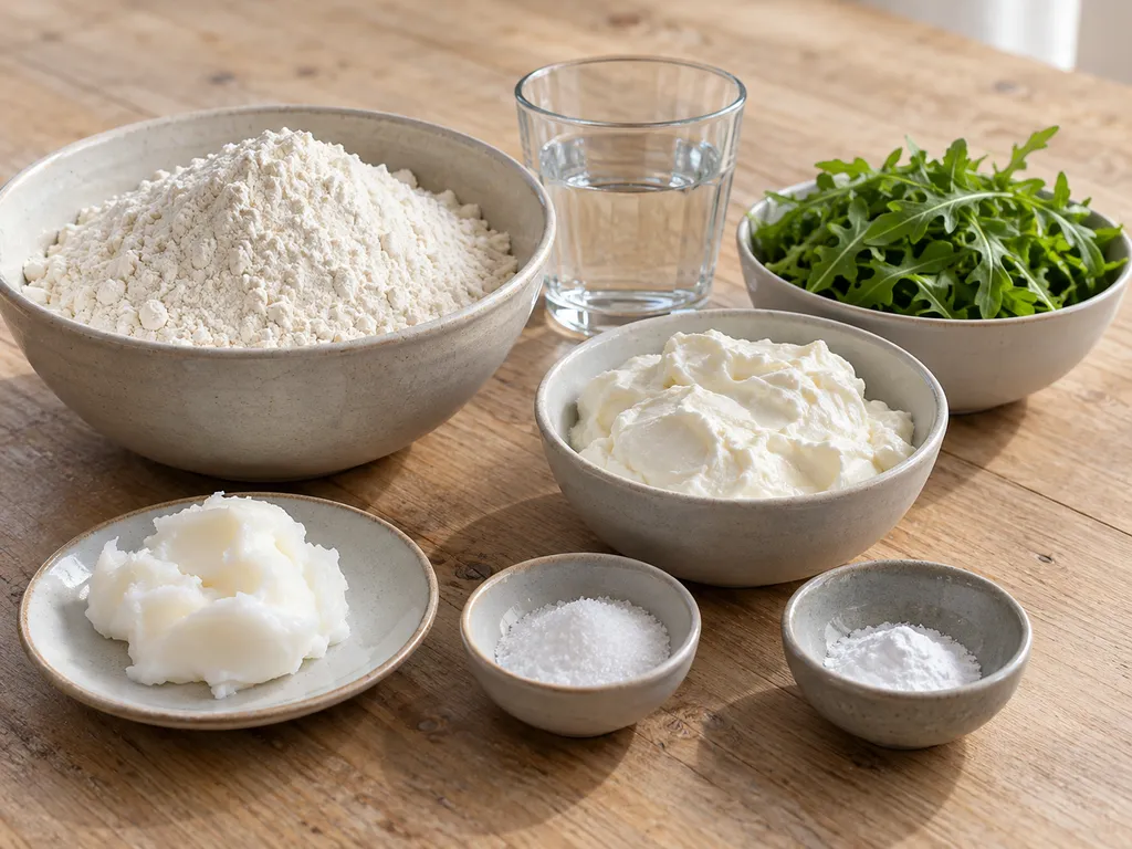 Farina, strutto, acqua, sale, bicarbonato, squacquerone e rucola per la piadina
