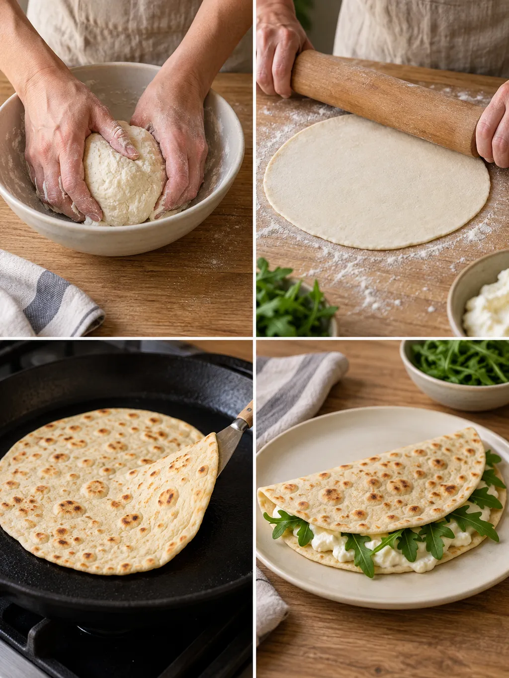 Impasto, stesura, cottura e piadina pronta con squacquerone e rucola