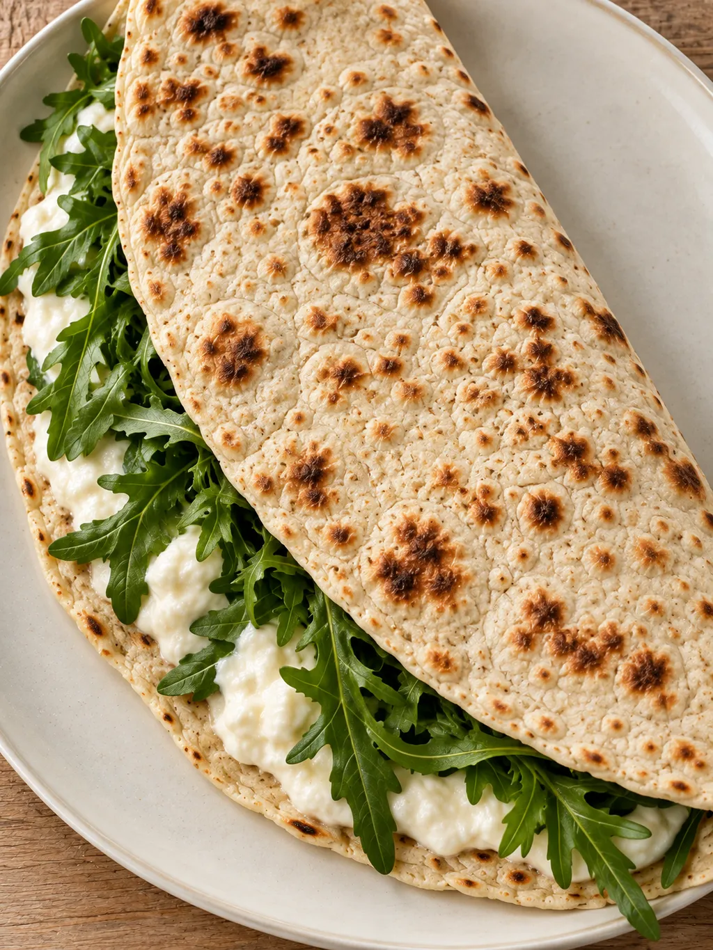 Piadina dorata piegata a metà con squacquerone cremoso e rucola