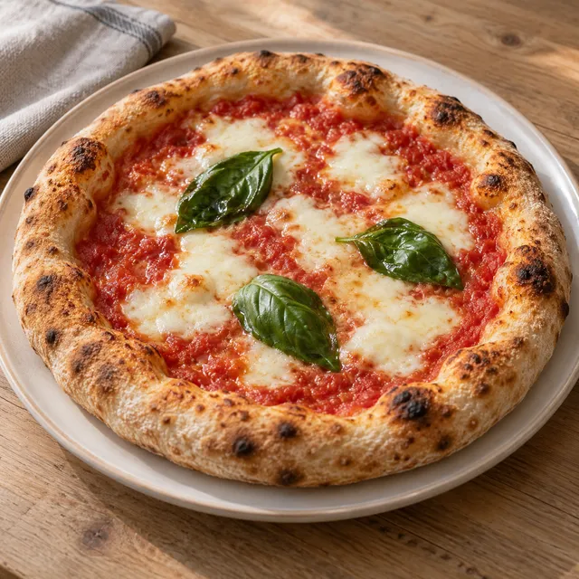 Pizza margherita con cornicione dorato, pomodoro, fiordilatte e basilico