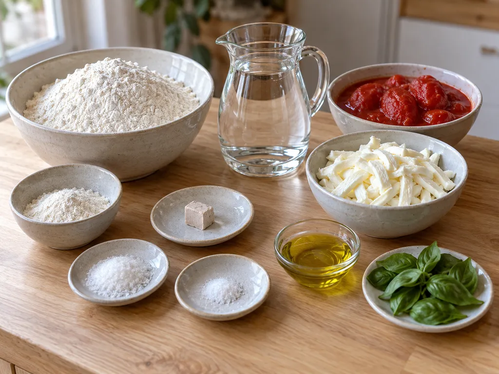 Farina, acqua, lievito, sale, pelati, fiordilatte, olio e basilico per la pizza