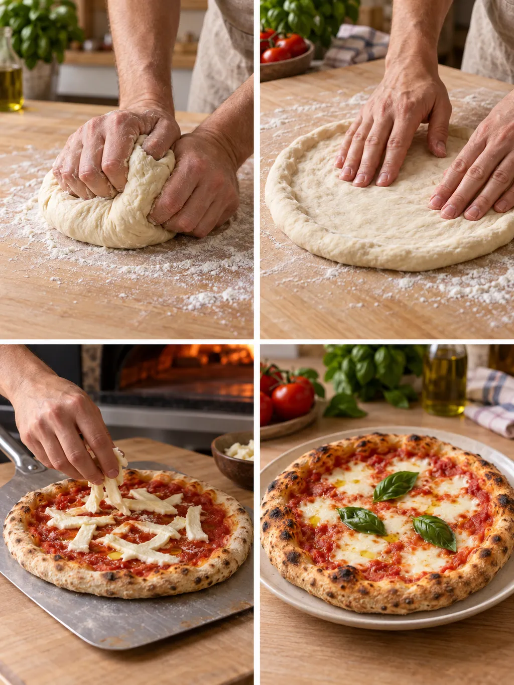 Impasto, stesura e aggiunta del fiordilatte con la pizza margherita pronta