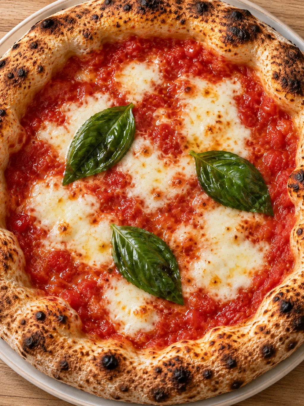 Pizza margherita con fiordilatte fuso e basilico al centro del cornicione dorato