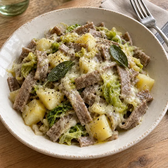 Pizzoccheri con verza, patate, Casera fuso e salvia in un piatto chiaro