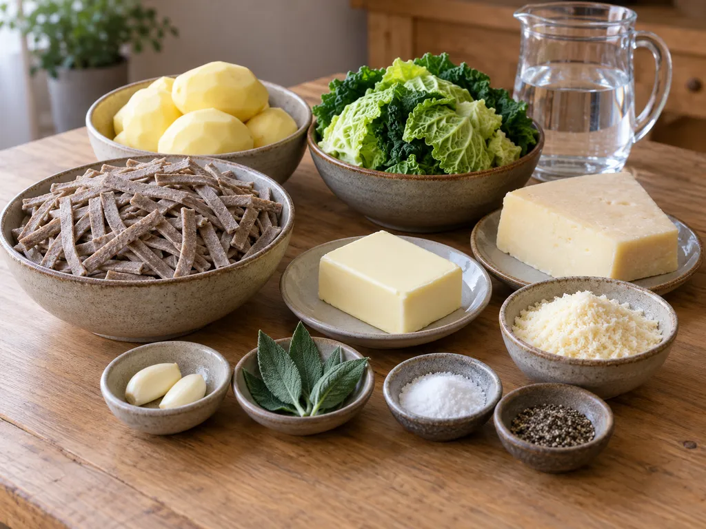 Pizzoccheri secchi, patate, verza, formaggi, burro, aglio e salvia sul piano