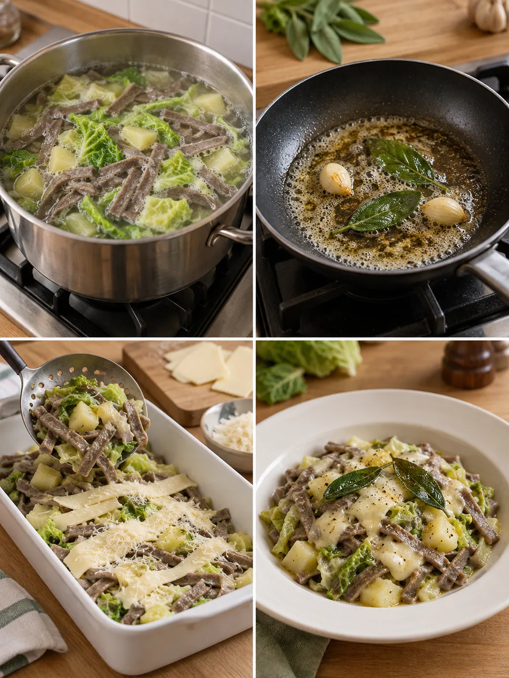 Cottura dei pizzoccheri, burro aromatico, strati di formaggio e piatto pronto