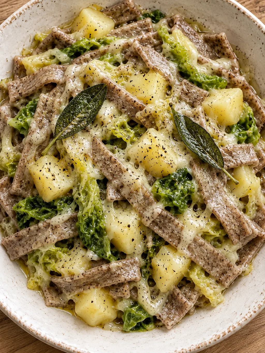 Pizzoccheri della Valtellina con patate, verza e formaggio fuso