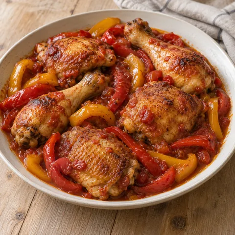Pollo alla romana con peperoni rossi e gialli e sugo di pomodoro