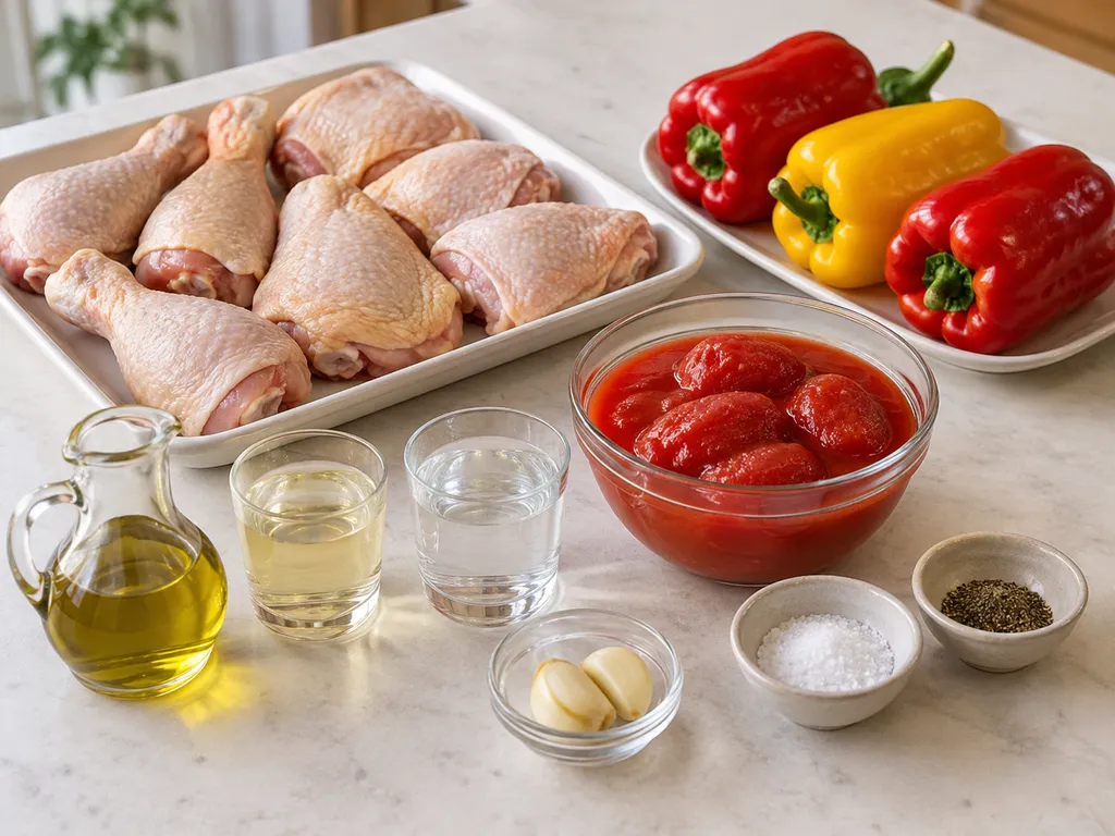 Pollo crudo, tre peperoni, pelati, aglio, olio, vino, acqua, sale e pepe