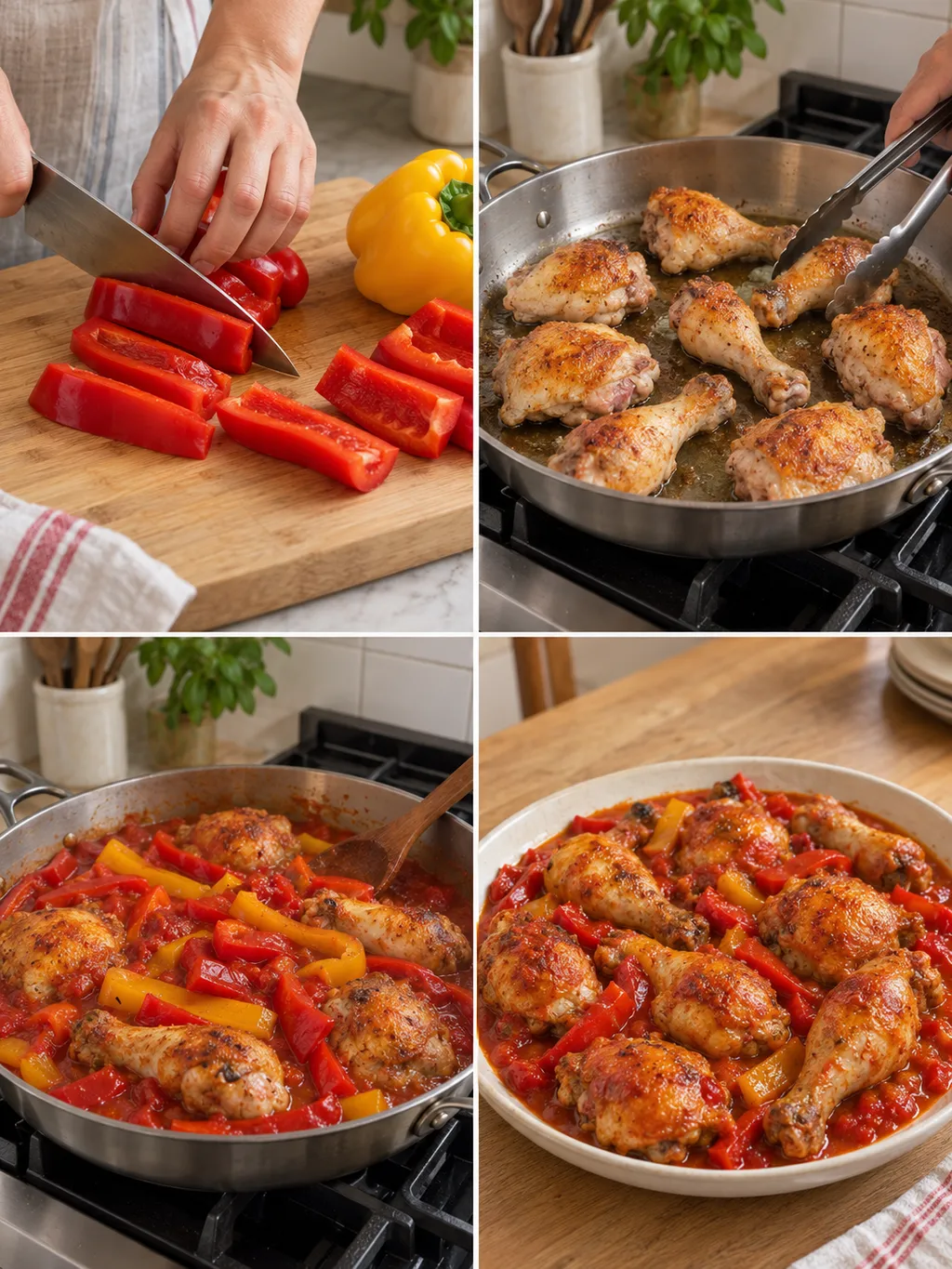 Taglio dei peperoni, rosolatura del pollo, cottura nel sugo e piatto finito