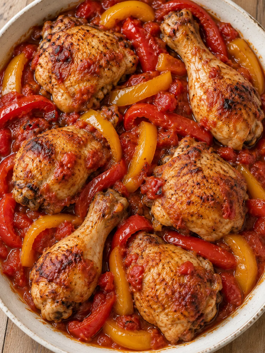 Pollo con peperoni rossi e gialli nel sugo denso di pomodoro