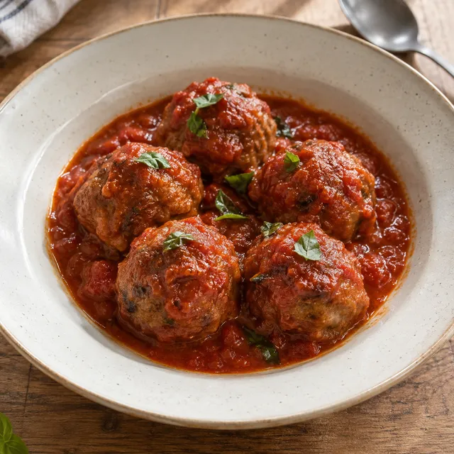 Polpette di carne in salsa di pomodoro con basilico in un piatto fondo
