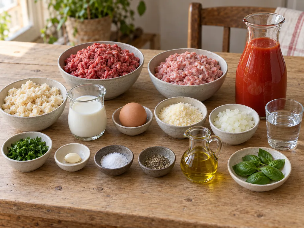 Carne mista, pane, latte, uovo, Parmigiano e pomodoro per le polpette al sugo