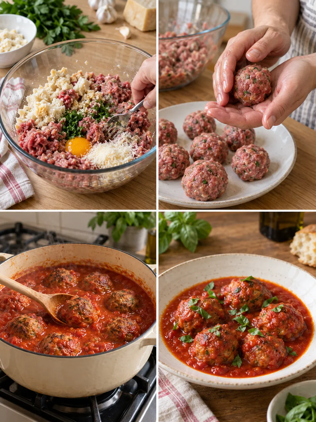 Preparazione delle polpette, cottura nel pomodoro e piatto finale al basilico