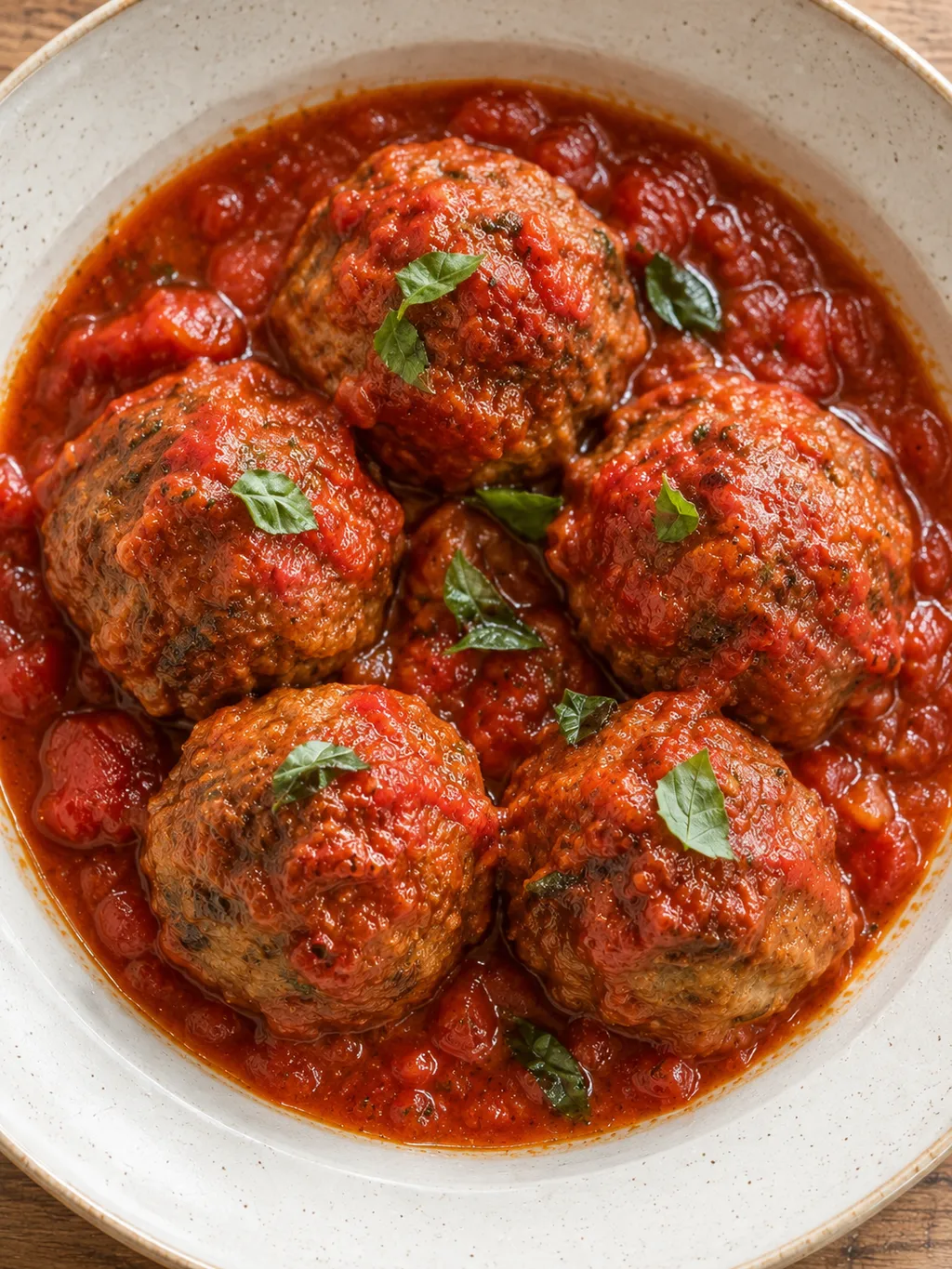 Polpette al sugo rosso con basilico fresco in un piatto di ceramica avorio
