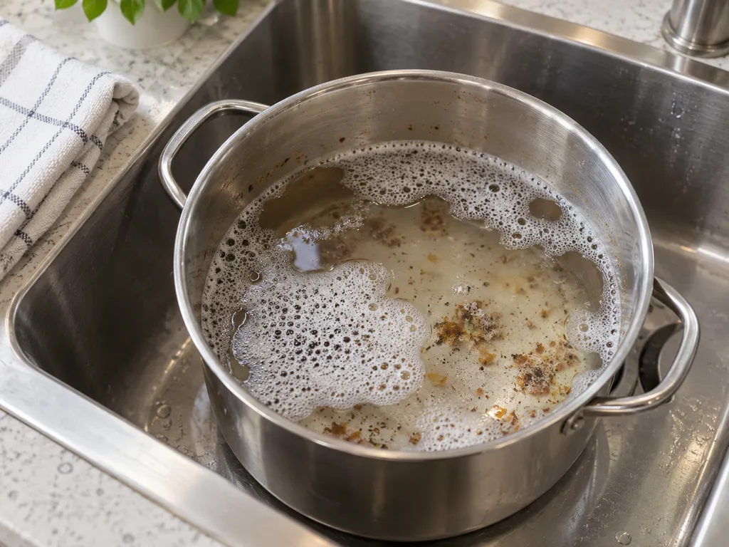 Pentola nel lavello con acqua e poca schiuma che coprono i residui.