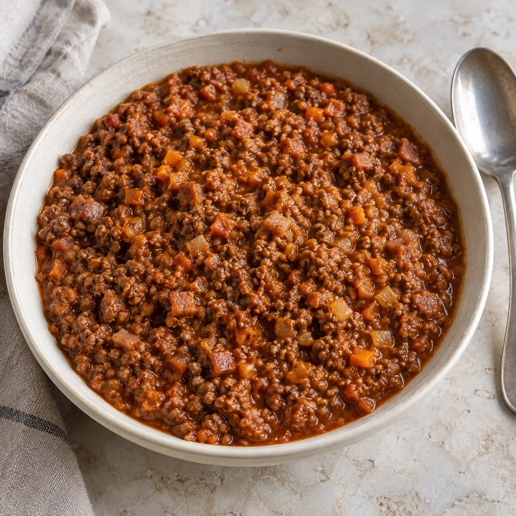Ragù alla bolognese denso con manzo e pancetta in una ciotola di ceramica