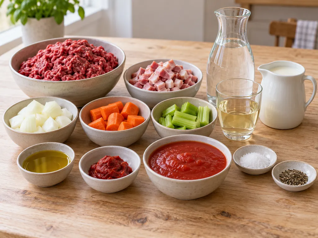 Manzo, pancetta, verdure, pomodoro, vino e latte per il ragù alla bolognese