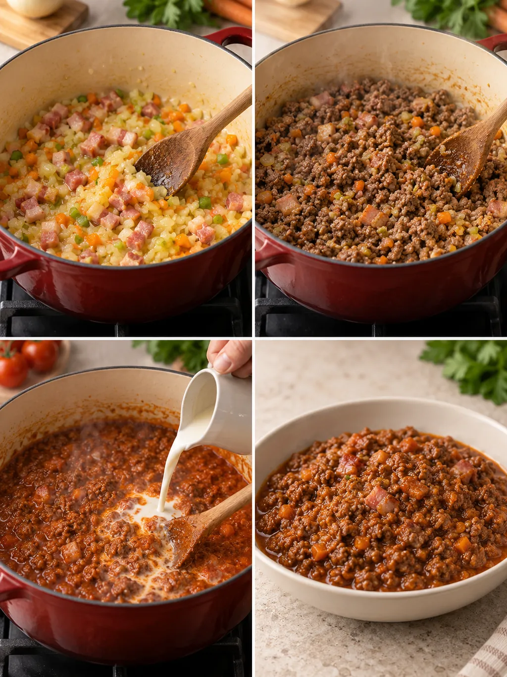 Soffritto, rosolatura del manzo, aggiunta del latte e ragù alla bolognese pronto