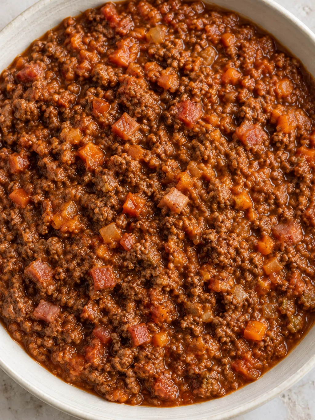 Ragù alla bolognese rosso bruno con carne ben riconoscibile e fondo denso