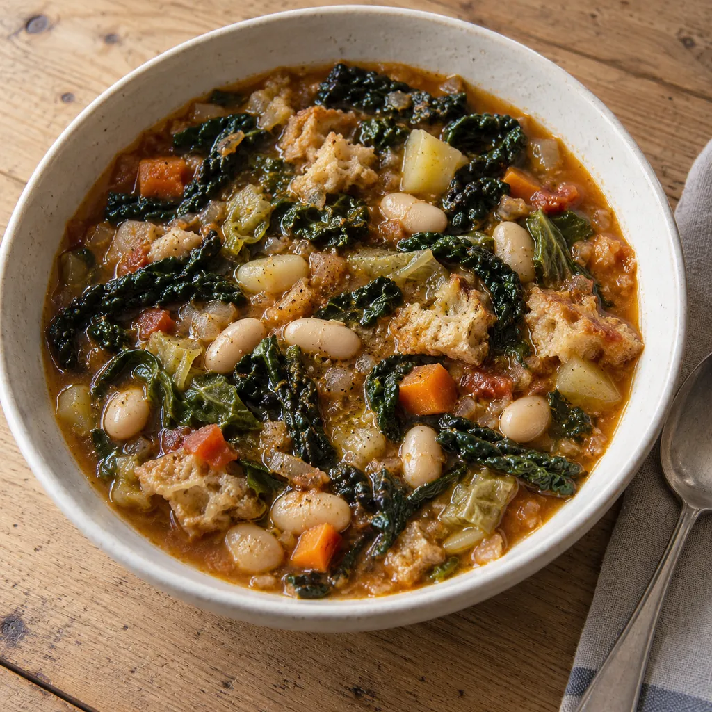 Ribollita toscana con cavolo nero, cannellini e pane in una scodella di ceramica