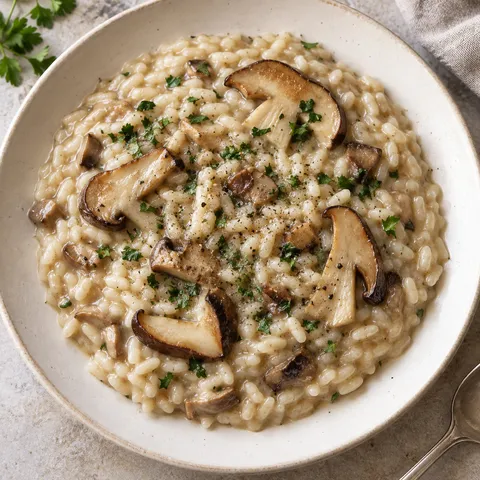 Risotto ai funghi porcini cremoso con fette di porcino cotto e prezzemolo