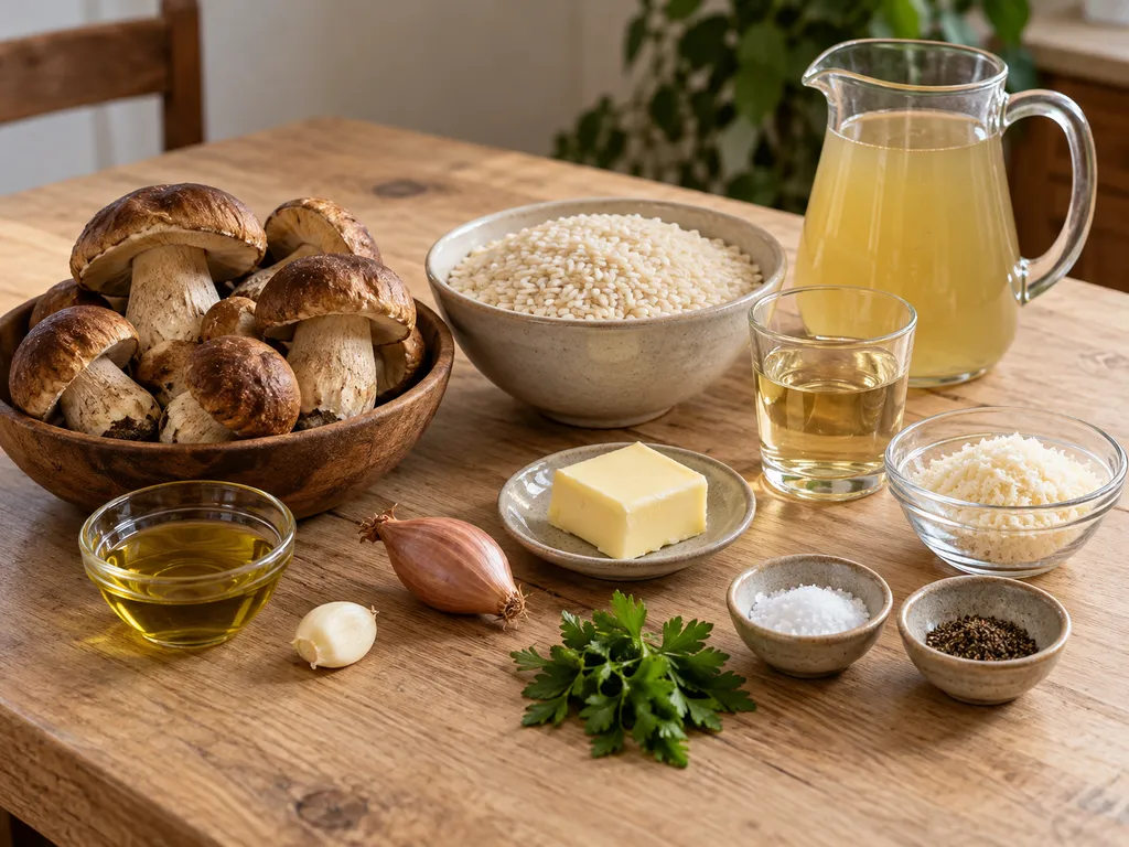 Porcini freschi, Carnaroli, brodo, burro e altri ingredienti per il risotto