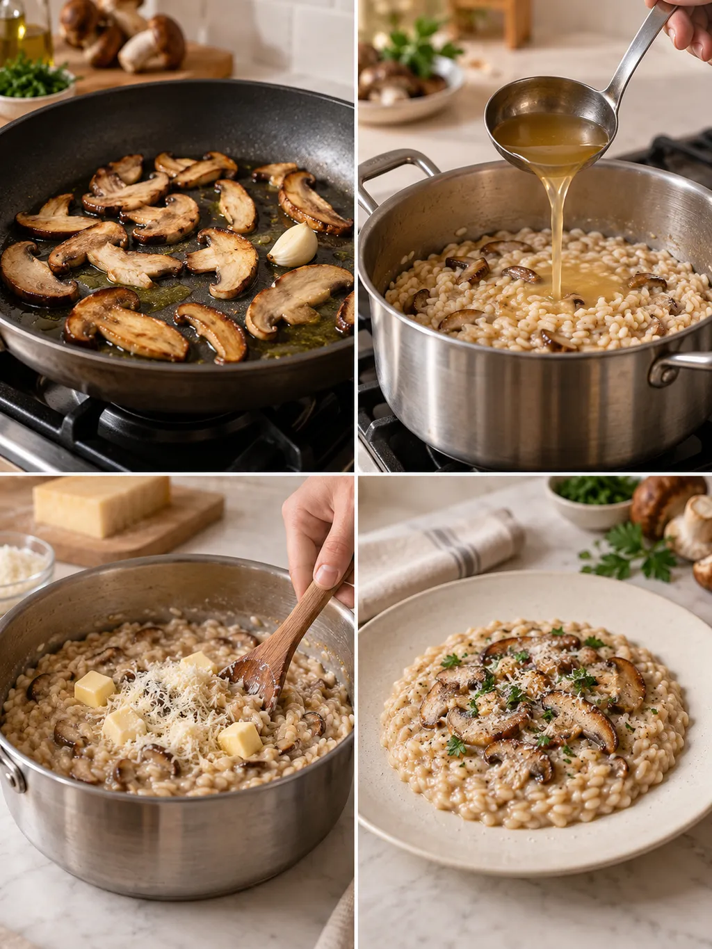 Cottura dei porcini, aggiunta del brodo, mantecatura e risotto pronto nel piatto
