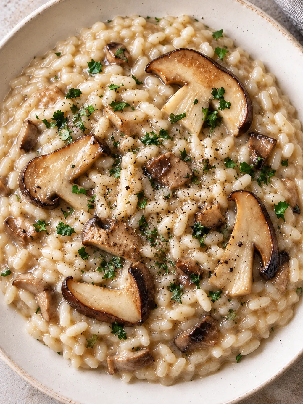 Risotto ai porcini con chicchi cremosi, funghi dorati e prezzemolo