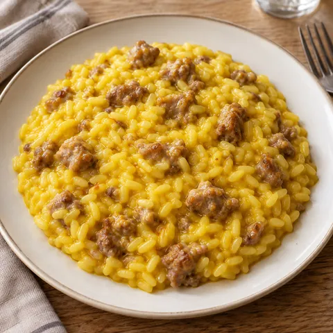 Risotto alla monzese dorato con chicchi di Carnaroli e bocconi di luganega