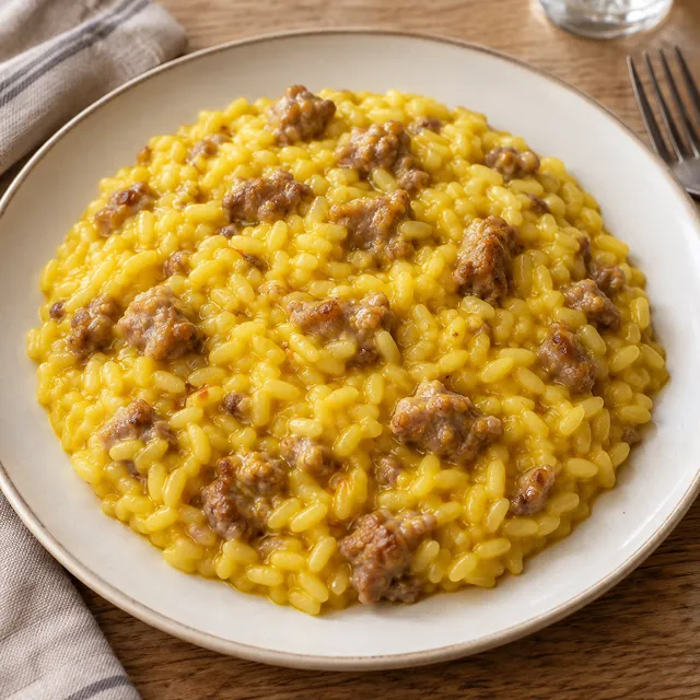 Risotto alla monzese dorato con chicchi di Carnaroli e bocconi di luganega