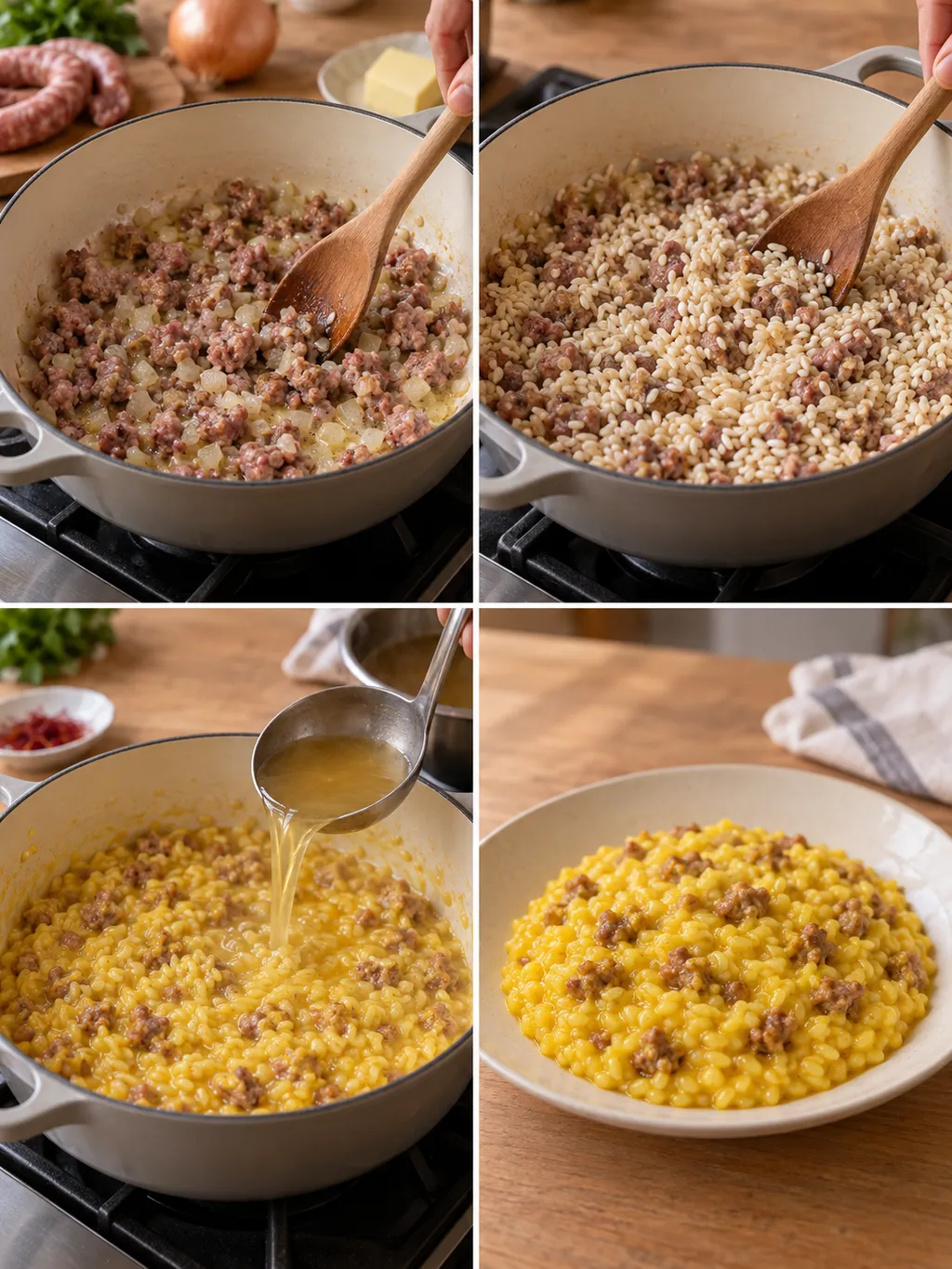 Luganega rosolata, tostatura del riso, aggiunta del brodo e risotto alla monzese pronto