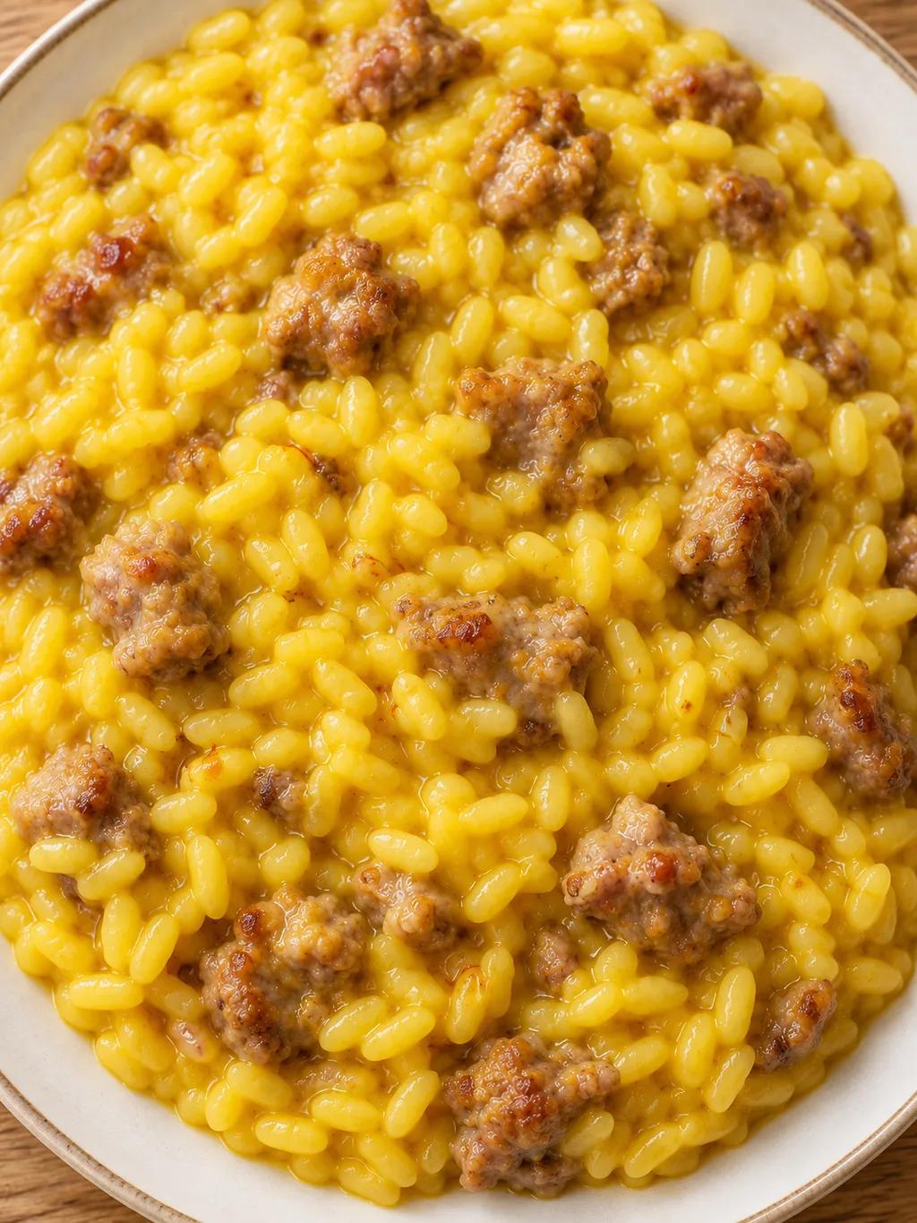 Risotto alla monzese cremoso con zafferano e bocconi di luganega rosolata
