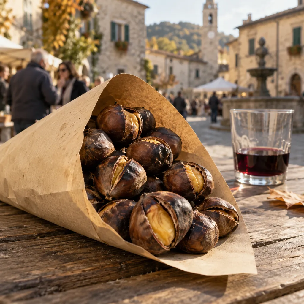 Un cartoccio di caldarroste e un bicchiere di vino su un tavolo in una piazza di paese.