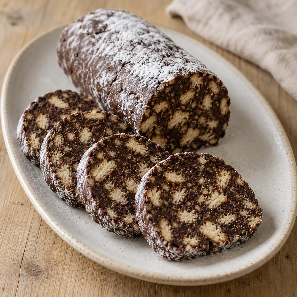 Salame di cioccolato a fette con pezzetti di biscotto e zucchero a velo